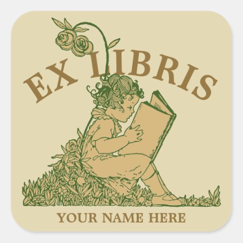 Girl Reading Book In Flowers Ex Libris Template Square Sticker