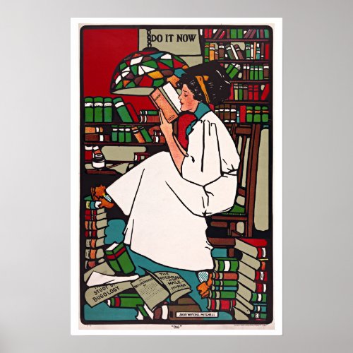 Girl Reading Book in Library Vintage Literacy Poster