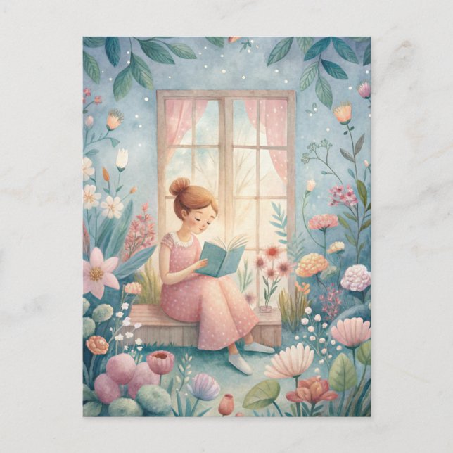 Girl Reading Book Sunlit Window Postcard (Front)