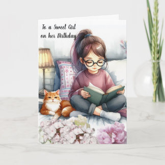 Girl Reading Books and Cat Birthday Card