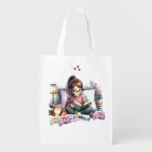 Girl Reading Books With Kitty Cat  Grocery Bag