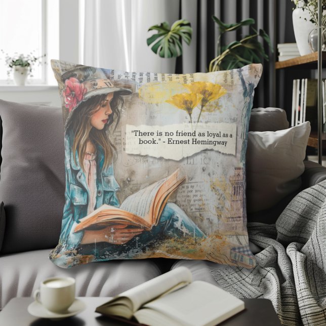 Girl Reading Collage Style Throw Pillow (Creator Uploaded)