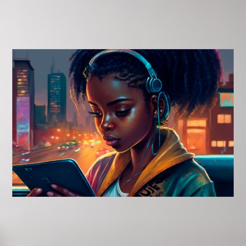 Girl Reading in a City of the Future Poster