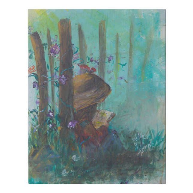 girl reading in garden faux canvas print (Front)