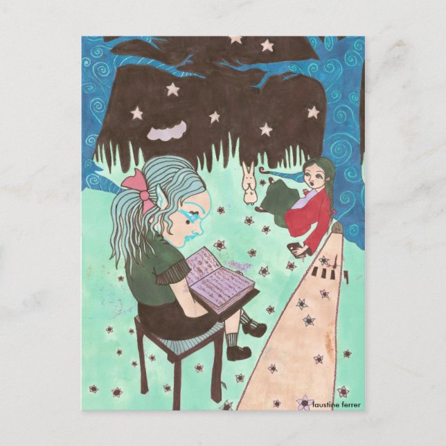 girl reading night stars postcard (Front)