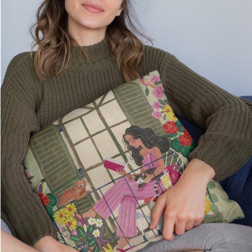 Girl reading on summer balcony with cats outdoor pillow