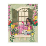 Girl reading on summer balcony with cats  postcard