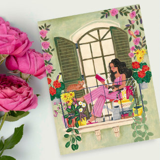 Girl reading on summer balcony with cats  postcard