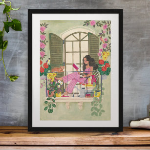 Girl reading on summer balcony with cats poster