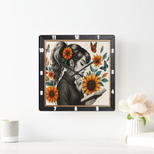 Girl Reading Sunflowers Butterfly Square Wall Clock