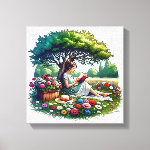 Girl Reading under a Tree Surrounded by Flowers Canvas Print