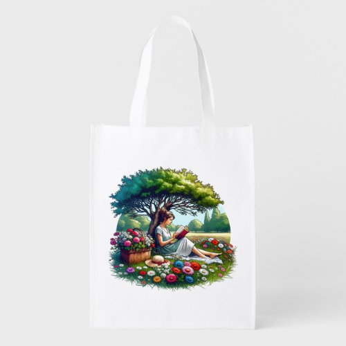Girl Reading under a Tree Surrounded by Flowers Grocery Bag