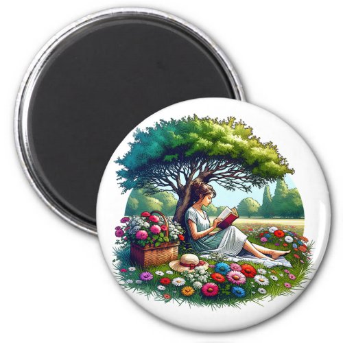 Girl Reading under a Tree Surrounded by Flowers Magnet