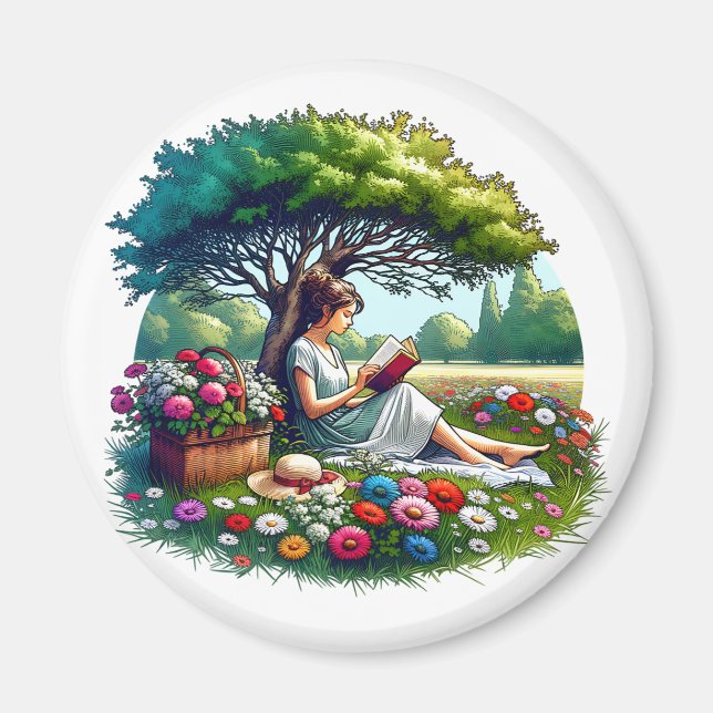 Girl Reading under a Tree Surrounded by Flowers Magnet (Front)