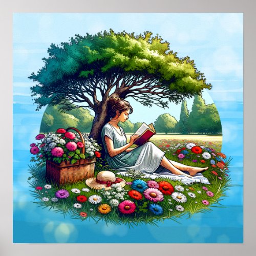 Girl Reading under a Tree Surrounded by Flowers Poster