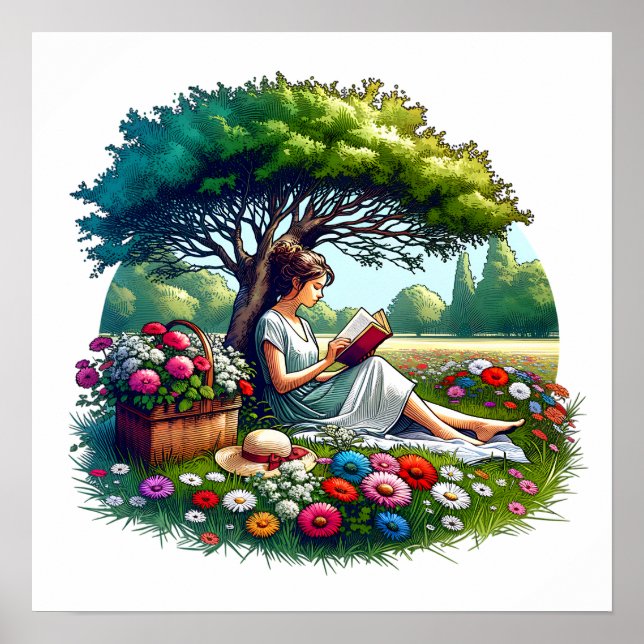 Girl Reading under a Tree Surrounded by Flowers Poster (Front)