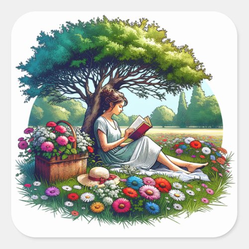 Girl Reading under a Tree Surrounded by Flowers Square Sticker