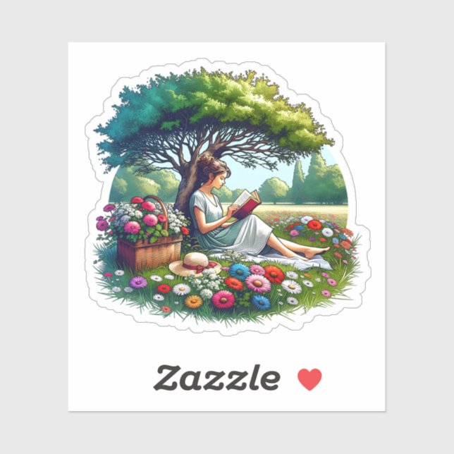 Girl Reading under a Tree Surrounded by Flowers Sticker (Sheet)