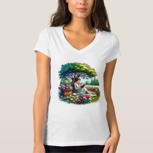 Girl Reading under a Tree Surrounded by Flowers T_Shirt