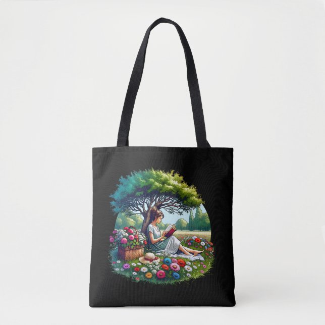Girl Reading under a Tree Surrounded by Flowers Tote Bag (Front)