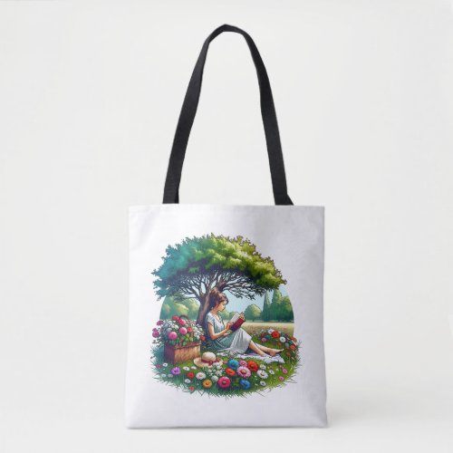 Girl Reading under a Tree Surrounded by Flowers Tote Bag