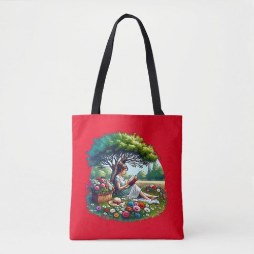 Girl Reading under a Tree Surrounded by Flowers Tote Bag