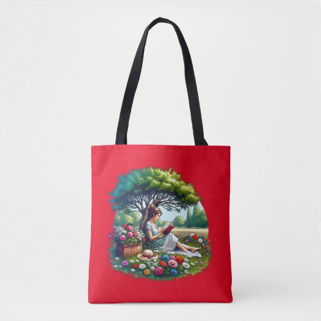 Girl Reading under a Tree Surrounded by Flowers Tote Bag (Front)