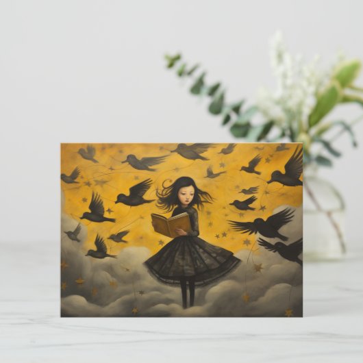 Girl reading with flying birds - postcard (Standing Front)