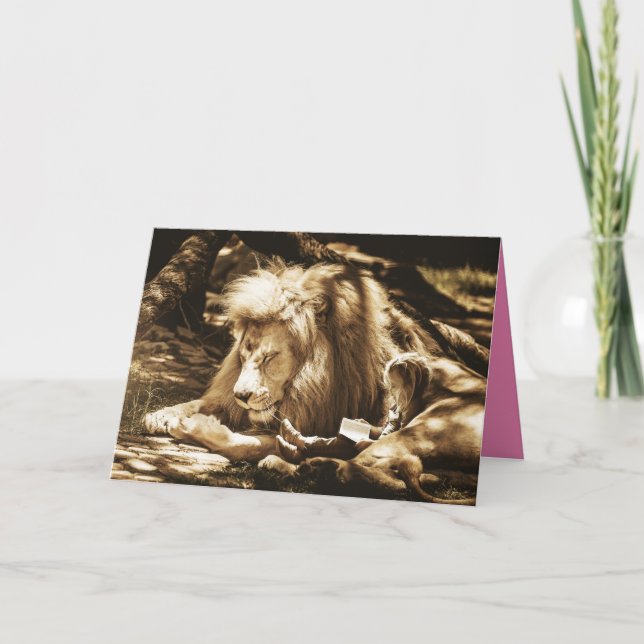 Girl Reading With Lion Greeting Card (Front)