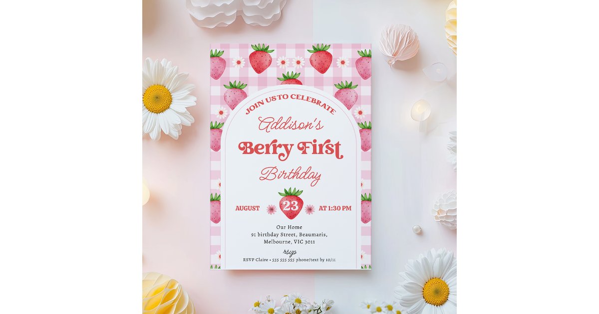 Girl Red Daisy Strawberry Berry Sweet 1st Birthday Invitation | Zazzle