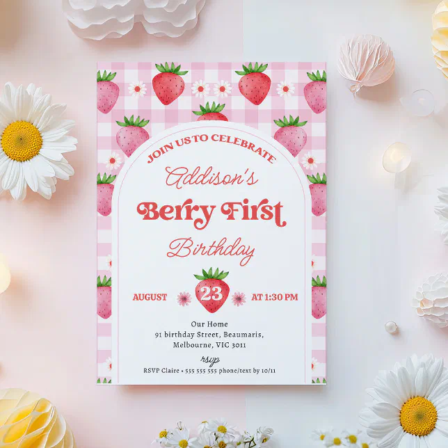 Girl Red Daisy Strawberry Berry Sweet 1st Birthday Invitation | Zazzle