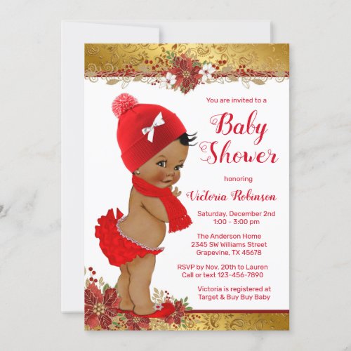 Girl Red Gold Christmas Baby Shower African Invitation