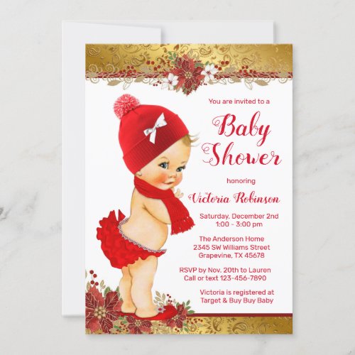 Girl Red Gold Christmas Baby Shower Blonde Invitation