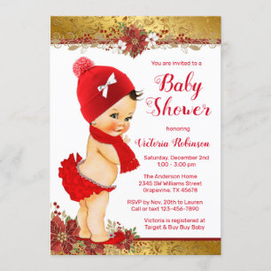 Girl Red Gold Christmas Baby Shower Brunette Invitation