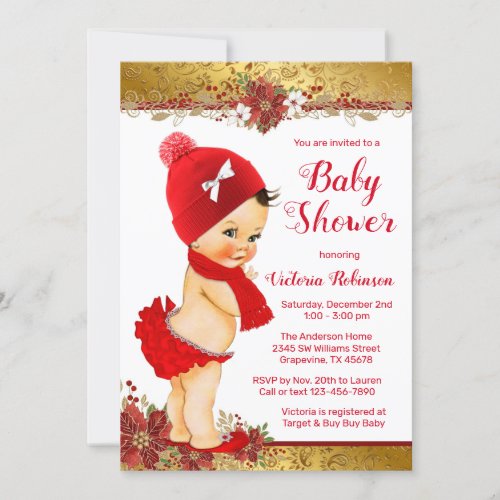 Girl Red Gold Christmas Baby Shower Brunette Invitation