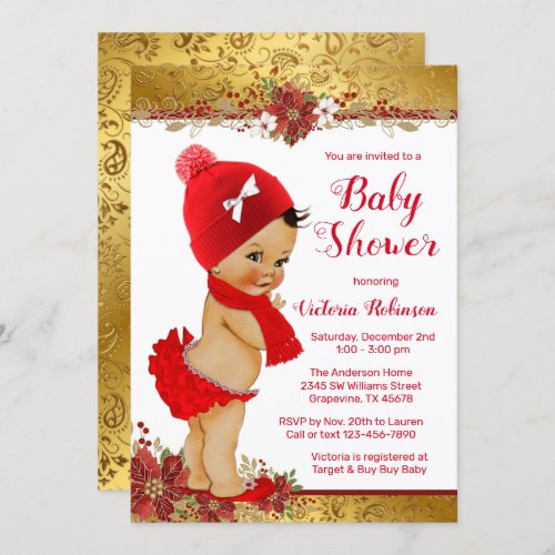 Girl Red Gold Christmas Baby Shower Ethnic Invitation