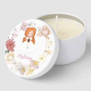 Girl red-haired First Holy Communion Floral Wreath Mini Candle Favors