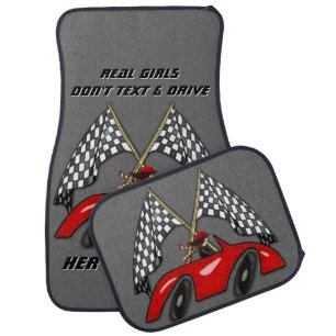 Girl, Red Hot Rod, Checkered Flags (Personalized) Car Mat