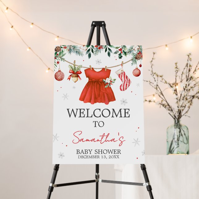 Girl Red Santa Christmas Baby Shower Welcome Sign (In Situ (Stand))