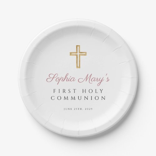 Girl Religious Cross Pink First Communion Paper Plates