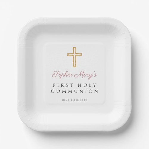 Girl Religious Cross Pink First Communion Paper Plates