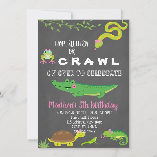 Girl reptile birthday party invitation (Front)
