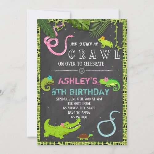 Girl reptile birthday party invitation