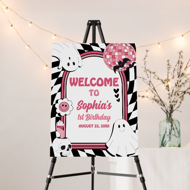 Girl Retro Ghost Halloween Birthday Welcome Sign (In Situ (Stand))