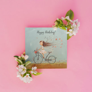 Girl riding a bicycle, customizable holiday card