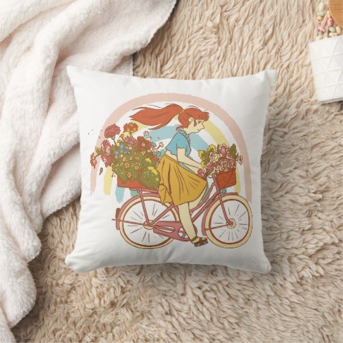 Girl riding a bicycle design throw pillow