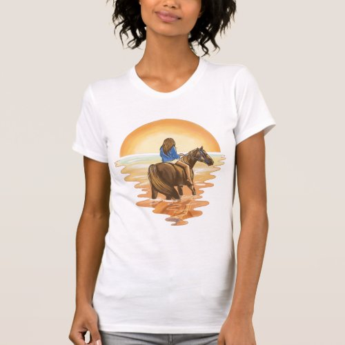 girl riding a horse towards the sunset T_Shirt