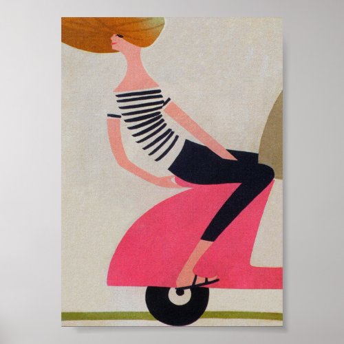 Girl Riding a Scooter Retro Vintage Poster