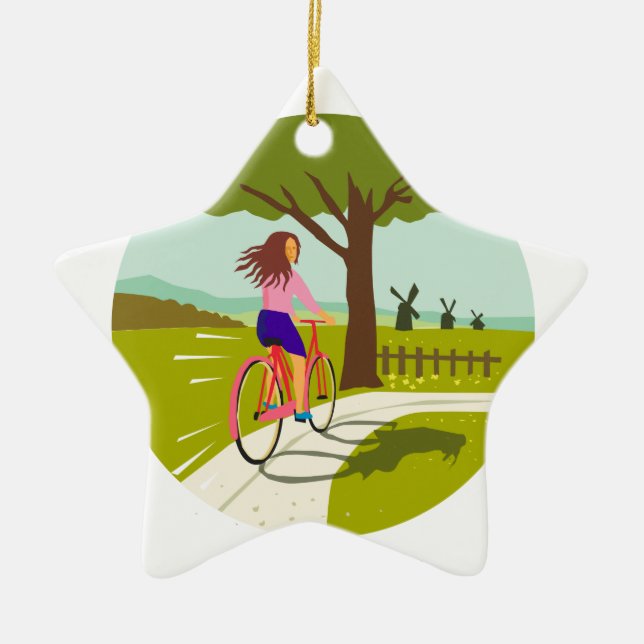 Girl Riding Bicycle Up Tree Circle Retro Ceramic Ornament (Front)