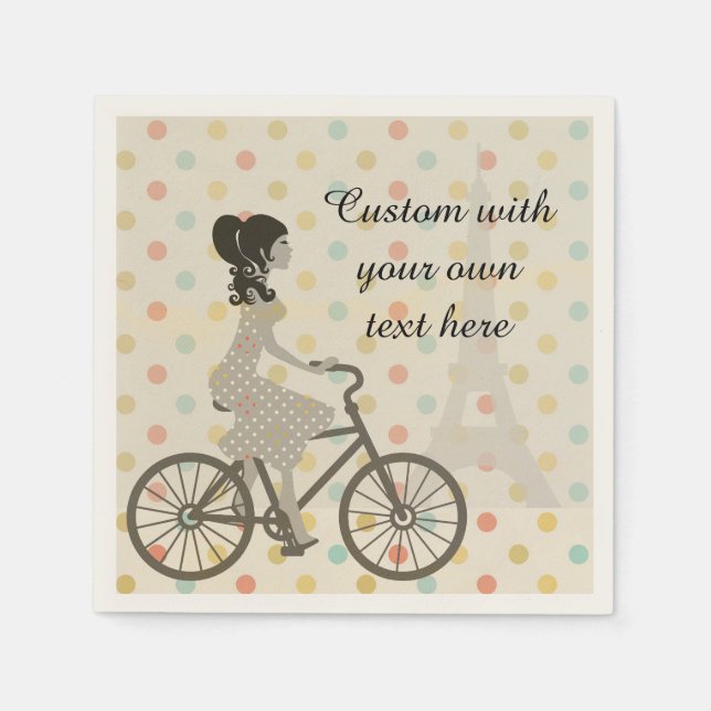 Girl Riding Bike in Paris Polka Dot Custom Text Napkins (Front)